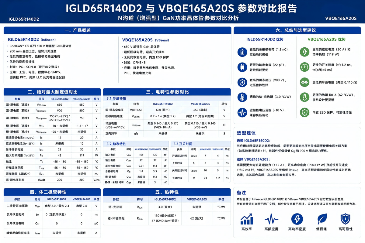 IGLD65R140D2 与 VBQE165A20S 参数对比图